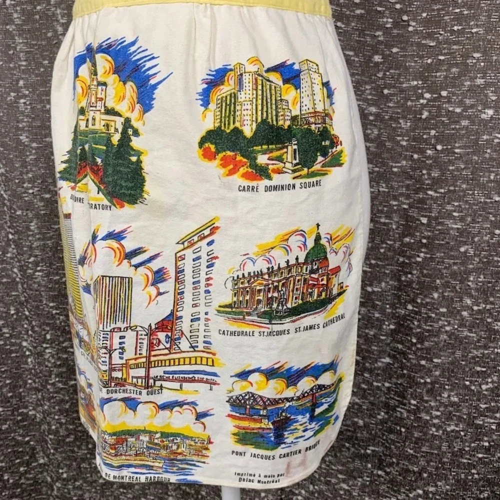Vintage Delac Montreal Hand Printed Souvenir Apron Cotton Mid Century Novelty